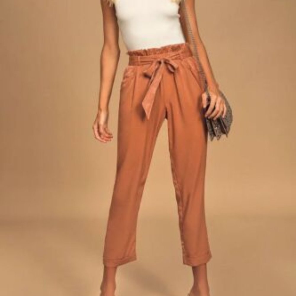 LULU'S Charm & Finesse terra cotta belted paper bag pull on cropped satin pants